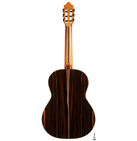 The back of a 2024 Hermanos Camps "CL20-C" classical guitar made of cedar and exotic ebony