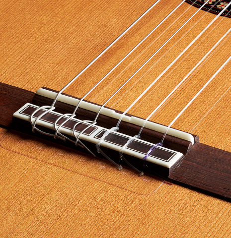The bridge, tie-block and saddle of a 2024 Hermanos Camps "CL20-C" classical guitar made of cedar and exotic ebony