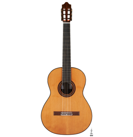 The front of a 2024 Hermanos Camps "CL20-C" classical guitar made of cedar and exotic ebony