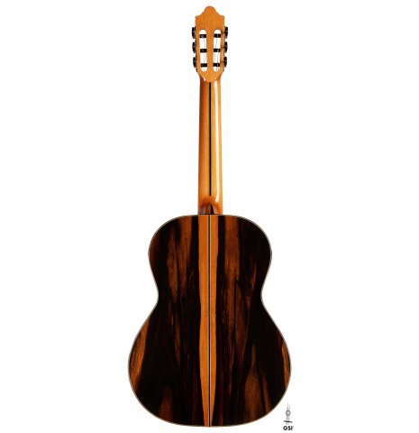 The back of a 2024 Hermanos Camps "CL20-C" classical guitar made of cedar and exotic ebony