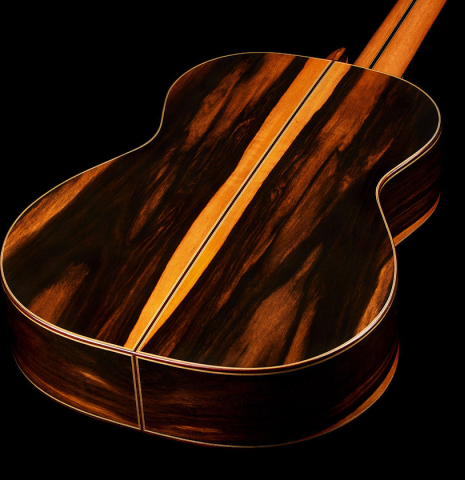 The back and sides of a 2024 Hermanos Camps "CL20-C" classical guitar made of cedar and exotic ebony