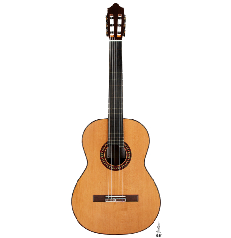The front of a 2024 Hermanos Camps "CL20-C" classical guitar made of cedar and exotic ebony
