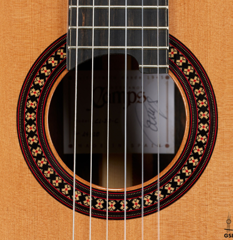 The rosette of a 2024 Hermanos Camps "CL20-C" classical guitar made of cedar and exotic ebony