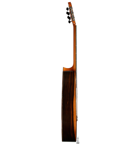 The side of a 2024 Hermanos Camps "CL20-C" classical guitar made of cedar and exotic ebony