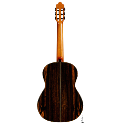 The back of a 2025 Hermanos Camps "CL20-C" classical guitar made of cedar and exotic ebony