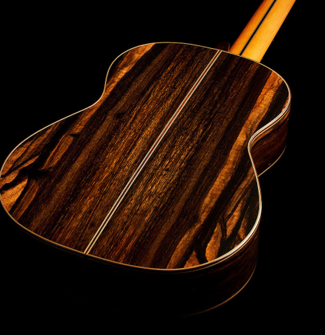The back and sides of a 2025 Hermanos Camps "CL20-C" classical guitar made of cedar and exotic ebony