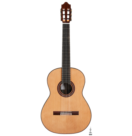 The front of a 2025 Hermanos Camps "CL20-C" classical guitar made of cedar and exotic ebony