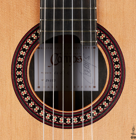 The rosette of a 2025 Hermanos Camps "CL20-C" classical guitar made of cedar and exotic ebony