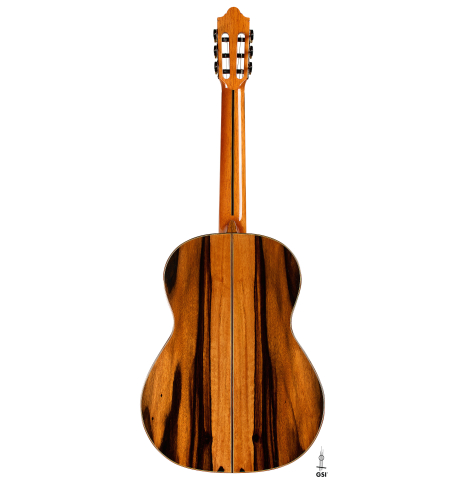 The back of a 2025 Hermanos Camps "CL20-C" classical guitar made of cedar and exotic ebony