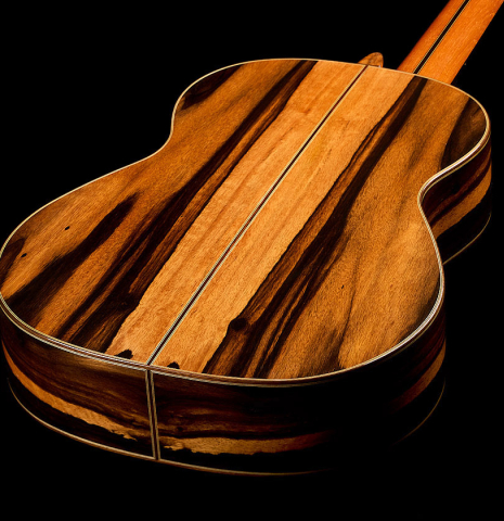 The back and sides of a 2025 Hermanos Camps "CL20-C" classical guitar made of cedar and exotic ebony