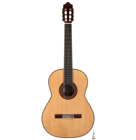 The front of a 2025 Hermanos Camps "CL20-C" classical guitar made of cedar and exotic ebony