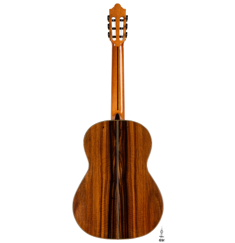The back of a 2026 Hermanos Camps "CL20-C" classical guitar made of cedar and exotic ebony