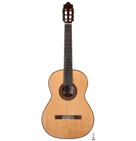 The front of a 2026 Hermanos Camps "CL20-C" classical guitar made of cedar and exotic ebony