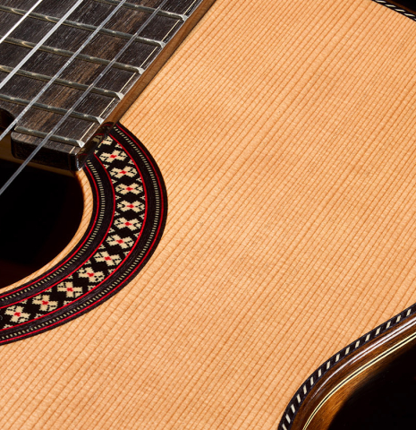 The soundboard, side and rosette of a 2026 Hermanos Camps "CL20-C" classical guitar made of cedar and exotic ebony