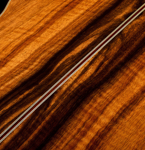 The back center seam of a 2026 Hermanos Camps "CL20-C" classical guitar made of cedar and exotic ebony