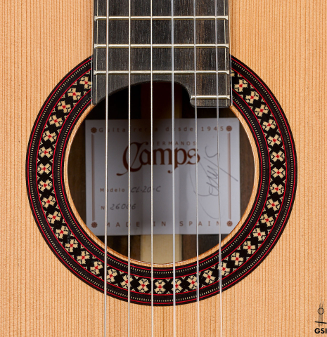 The rosette of a 2026 Hermanos Camps "CL20-C" classical guitar made of cedar and exotic ebony