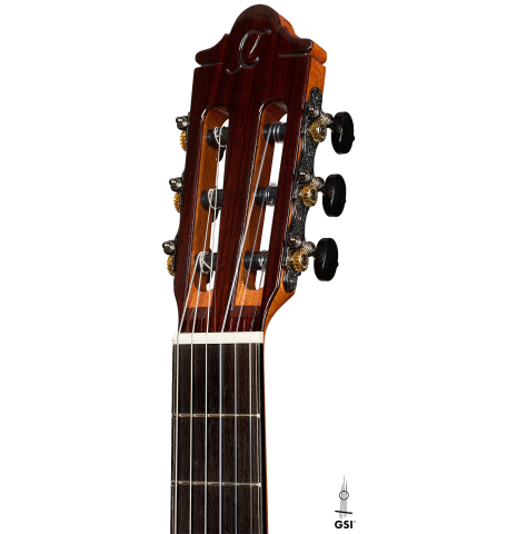 The headstock of a 2026 Hermanos Camps "CL20-C" classical guitar made of cedar and exotic ebony