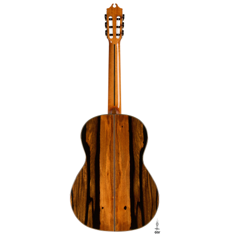 The back of a 2026 Hermanos Camps "CL20-C" classical guitar made of cedar and exotic ebony