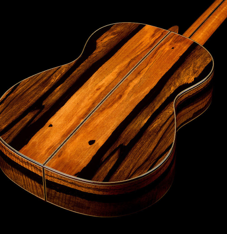The back and sides of a 2026 Hermanos Camps "CL20-C" classical guitar made of cedar and exotic ebony