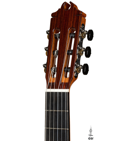 The headstock of a 2026 Hermanos Camps "CL20-C" classical guitar made of cedar and exotic ebony