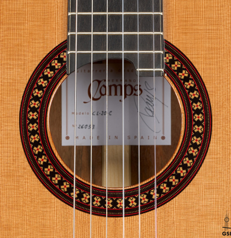 The rosette of a 2026 Hermanos Camps "CL20-C" classical guitar made of cedar and exotic ebony