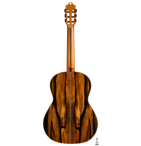 The back of a 2026 Hermanos Camps "CL20-C" classical guitar made of cedar and exotic ebony