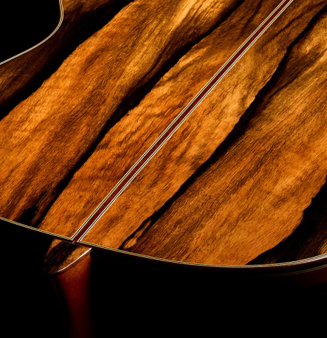 The heel, back binding and purfling of a 2026 Hermanos Camps "CL20-C" classical guitar made of cedar and exotic ebony