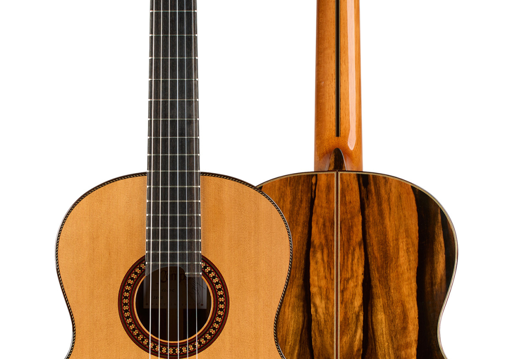 Front and back of a 2026 Hermanos Camps "CL20-C" classical guitar, cedar and exotic ebony