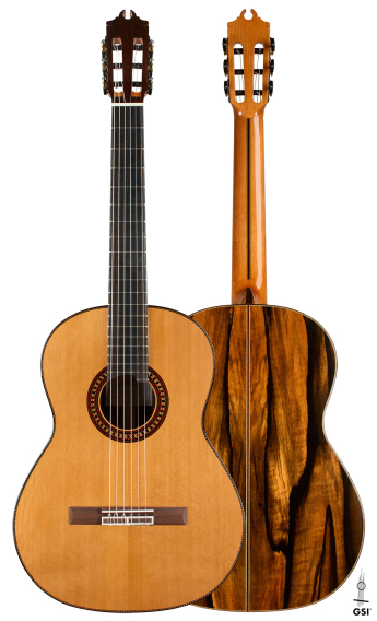 Front and back of a 2026 Hermanos Camps "CL20-C" classical guitar, cedar and exotic ebony