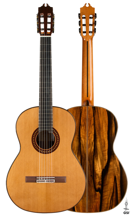 Front and back of a 2026 Hermanos Camps "CL20-C" classical guitar, cedar and exotic ebony
