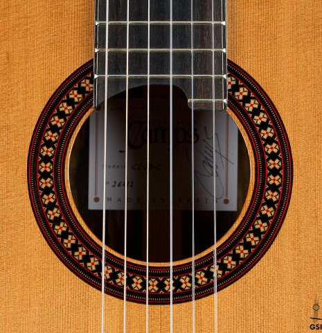 The rosette of a 2026 Hermanos Camps "CL20-C" classical guitar made of cedar and exotic ebony
