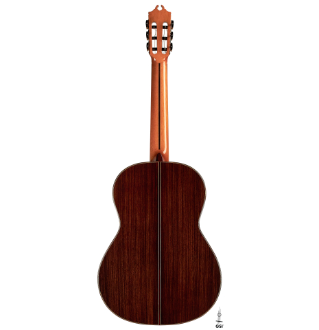 The back of a 2023 Hermanos Camps "GL18C" classical guitar made with cedar and Indian rosewood.