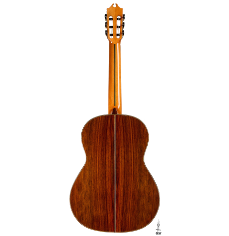 The back of a Hermanos Camps "CL18C" classical guitar made of cedar and Indian rosewood