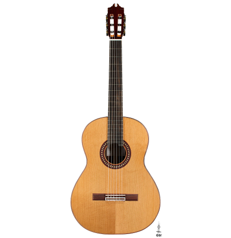The front of a Hermanos Camps "CL18C" classical guitar made of cedar and Indian rosewood