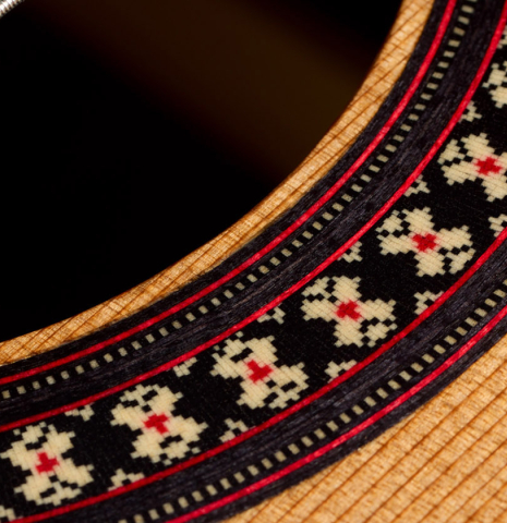 Rosette detail of a Hermanos Camps "CL18C" classical guitar made of cedar and Indian rosewood