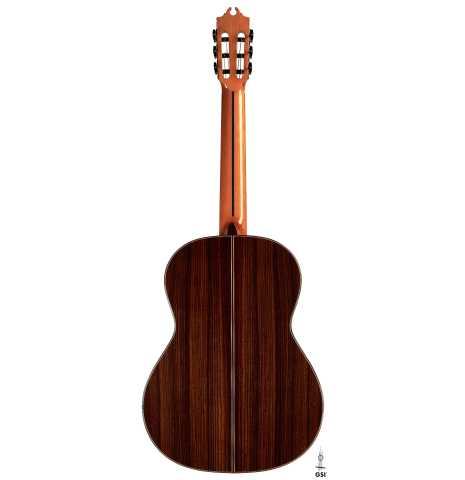 The back of a 2023 Hermanos Camps "GL18S" classical guitar made with spruce and Indian rosewood.