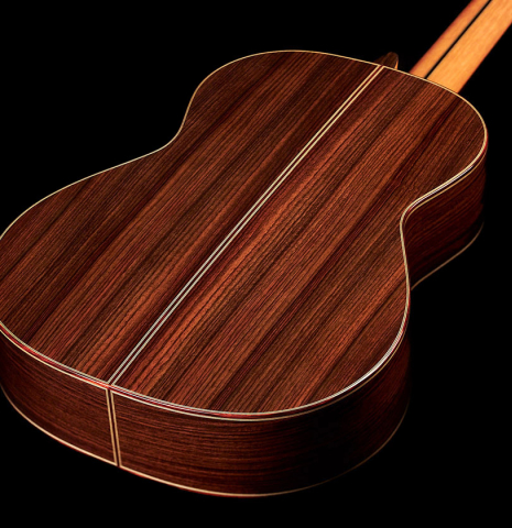 The back of a 2023 Hermanos Camps "GL18S" classical guitar made with spruce and Indian rosewood.