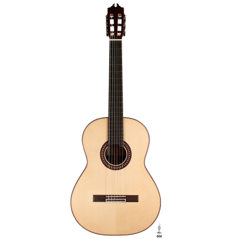 The front of a 2023 Hermanos Camps "GL18S" classical guitar made with spruce and Indian rosewood.