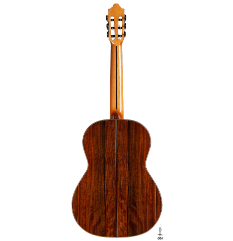 The back of a 2024 Hermanos Camps "CL20-S" classical guitar made of spruce and Malaysian blackwood