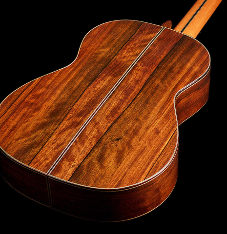 The back and sides of a 2024 Hermanos Camps "CL20-S" classical guitar made of spruce and Malaysian blackwood