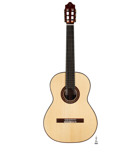 The front of a 2024 Hermanos Camps "CL20-S" classical guitar made of spruce and Malaysian blackwood