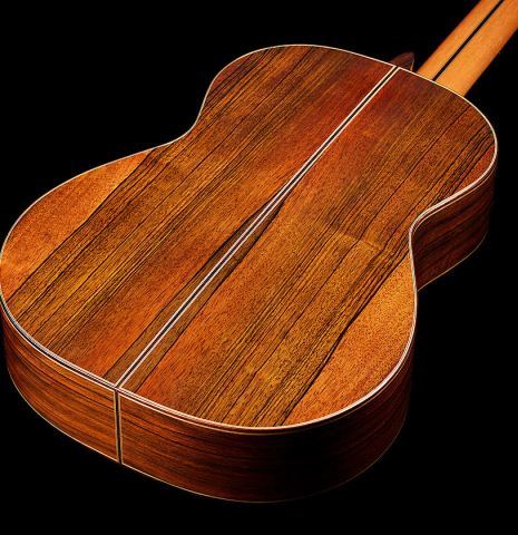 The back and sides of a 2024 Hermanos Camps "CL20-C" classical guitar made of cedar and Malaysian blackwood