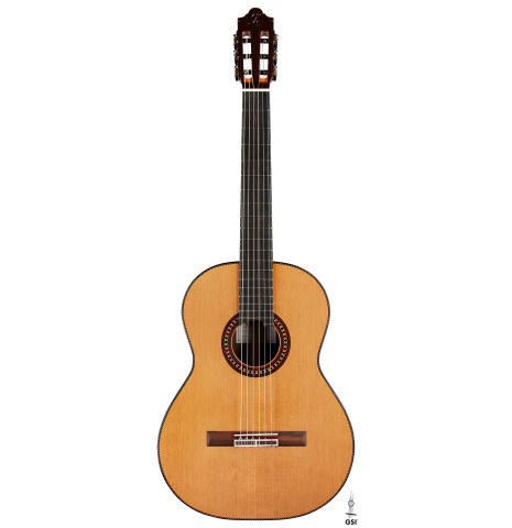 The front of a 2024 Hermanos Camps "CL20-C" classical guitar made of cedar and Malaysian blackwood
