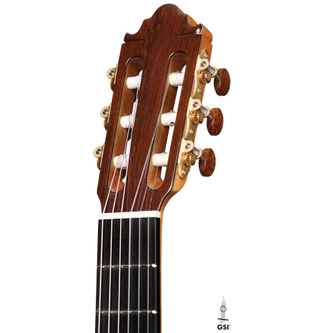 The headstock of a 2021 Vicente Carrillo "Primera Especial" made with cedar and African rosewood