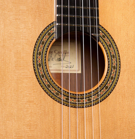 The soundboard and rosette of a 2021 Vicente Carrillo "Primera Especial" made with cedar and African rosewood