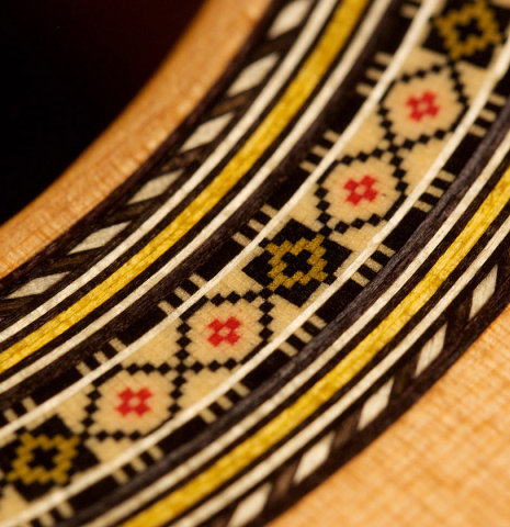 Detailed closeup of the rosette of a 2021 Vicente Carrillo "Primera Especial" made with cedar and African rosewood