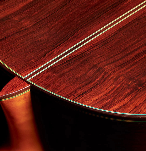 The African rosewood back and heel of a 2022 Vicente Carrillo "Primera Especial" classical guitar made with cedar top