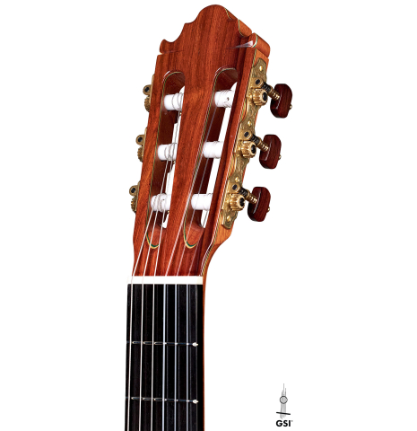 The headstock and tuners of a 2022 Vicente Carrillo "Primera Especial" made with cedar and African rosewood