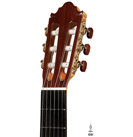 The headstock and tuners of a Vicente Carrillo "Primera Especial" made with cedar and African rosewood