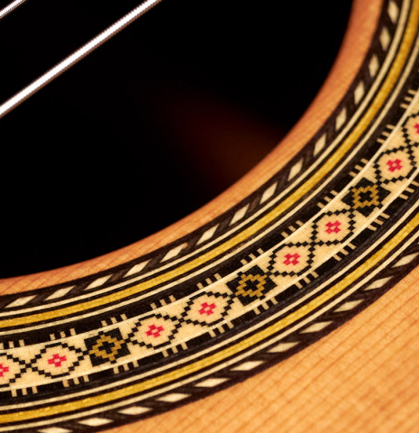 Closeup of the rosette of a Vicente Carrillo "Primera Especial" classical guitar made with cedar top